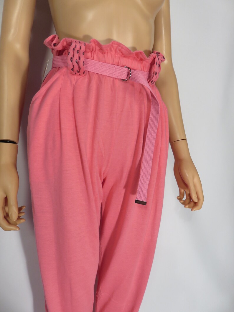Vintage 80s High Waist Hot Pink Elastic Waist Comfy Belted Loungewear Pants Size M image 9