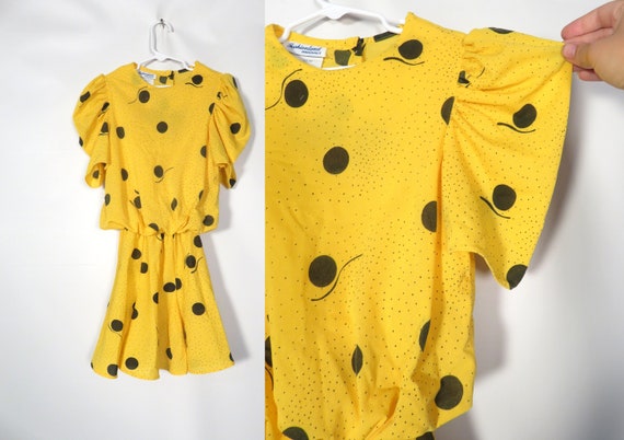 Vintage 80s Kids Yellow Polka Dot Dress Union Mad… - image 1