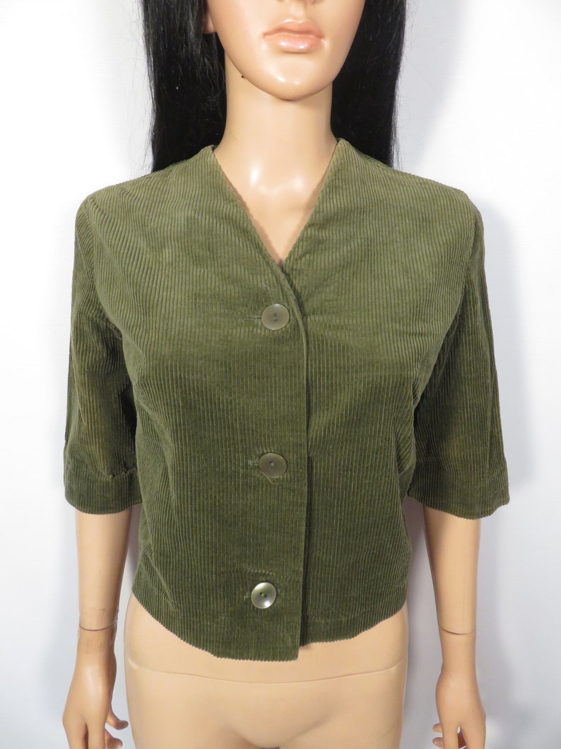 Vintage 60s Olive Green Cropped Corduroy Jacket With Half Sleeves Size M image 7