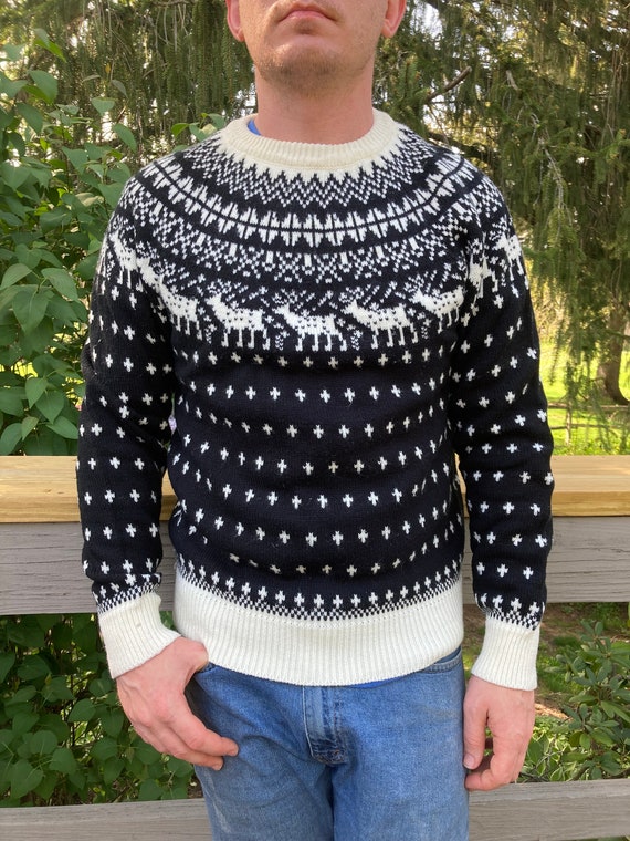 Vintage 80s Deer Print Fair Isle Holiday Sweater Size Mens M Etsy