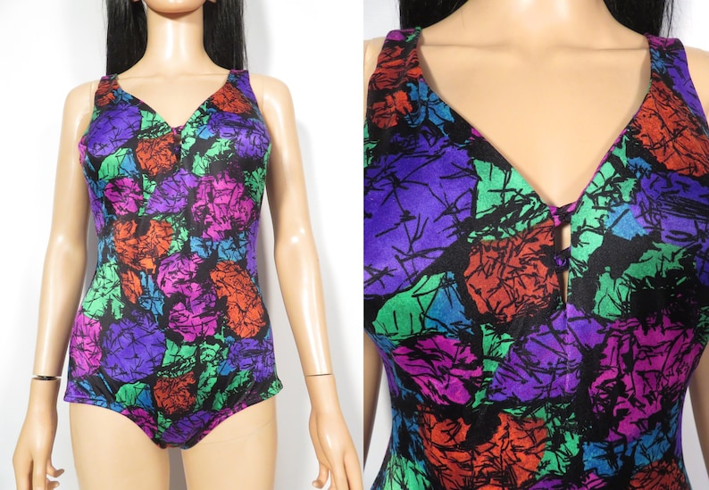 Vintage 80s Does 60s Pin Up Abstract Print One Piece With Adjustable Straps Size 14 L Made In USA image 1
