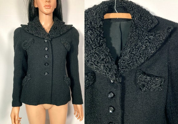 Vintage 40s Black Curly Lamb Tailored Blazer Size… - image 1