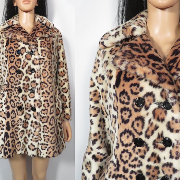 Vintage 60s Faux Fur Leopard Print Plush Coat Size S/M