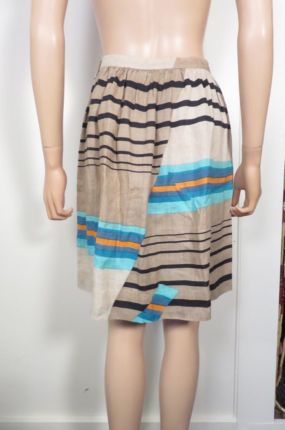 Vintage 80s/90s Linen Stripe Design Midi Skirt Si… - image 4