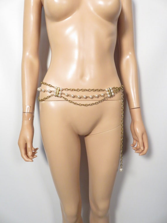 Vintage Adjustable Gold Chain And Pearl Belt