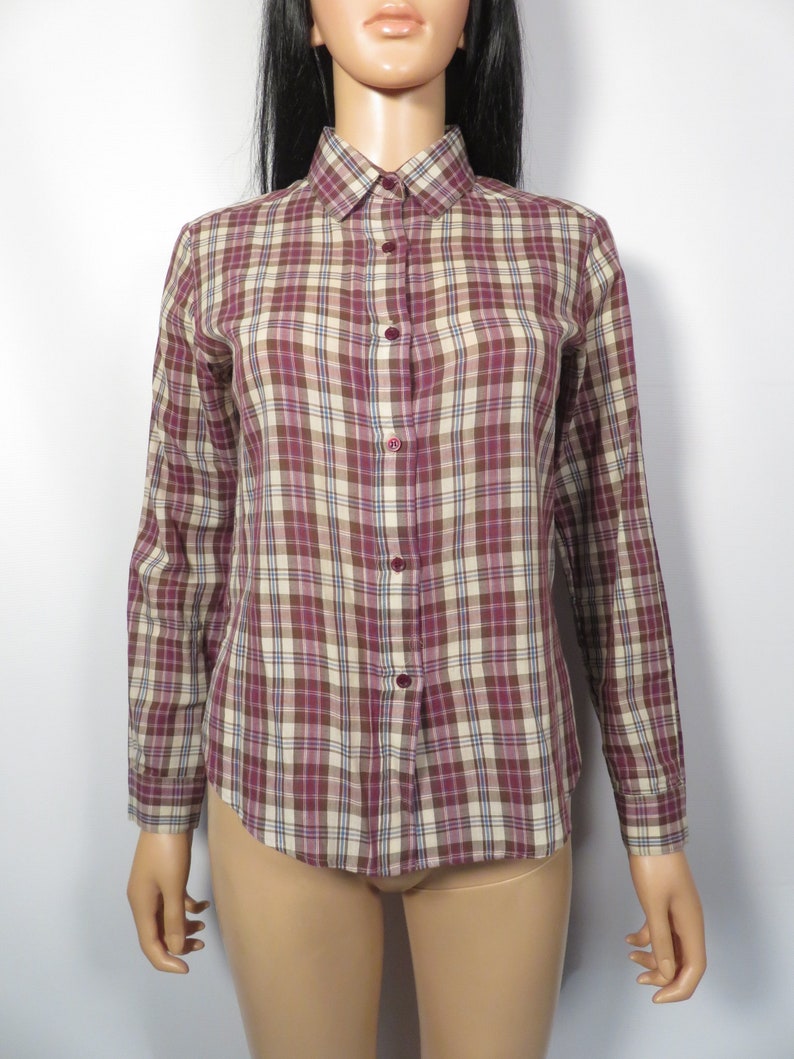 Vintage 70s Paper Thin Plaid Blouse Size M image 7