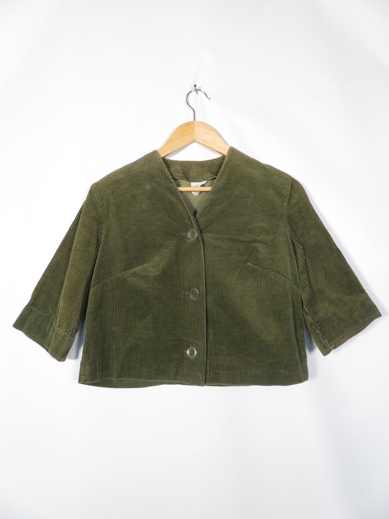 Vintage 60s Olive Green Cropped Corduroy Jacket With Half Sleeves Size M image 2