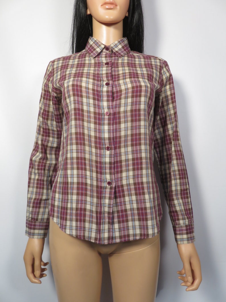 Vintage 70s Paper Thin Plaid Blouse Size M image 8