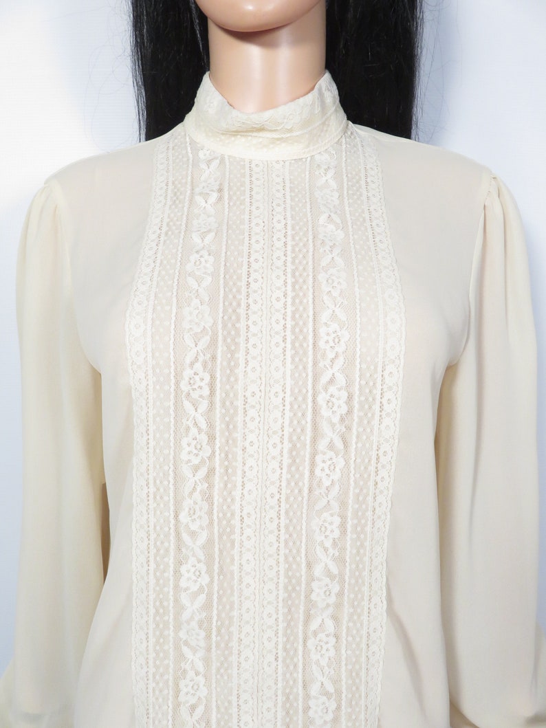 Vintage 70s Designer Pierre Cardin Lightweight Sheer Lace Panel Blouse Size L image 7