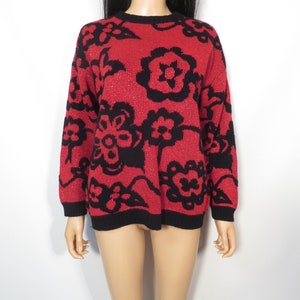 Vintage 80s Red Floral Sparkle Sweater Made In USA Size L image 8