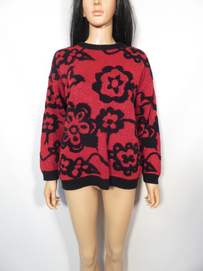 Vintage 80s Red Floral Sparkle Sweater Made In USA Size L image 8