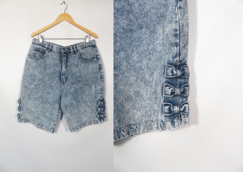 Vintage 80s High Waist Acid Wash Denim Shorts With Bow Detail Size 34 Waist 画像 1