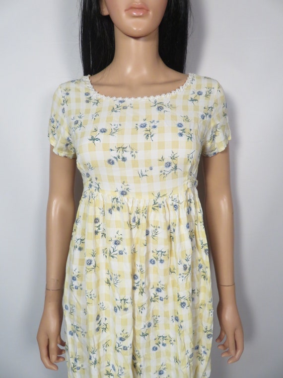 Vintage 90s Gingham Floral Babydoll Dress Size XS… - image 8