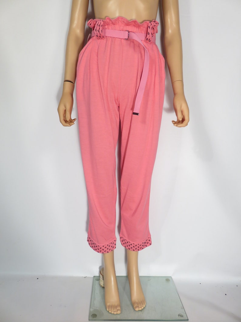 Vintage 80s High Waist Hot Pink Elastic Waist Comfy Belted Loungewear Pants Size M image 6