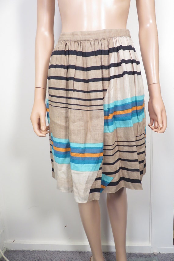 Vintage 80s/90s Linen Stripe Design Midi Skirt Si… - image 2