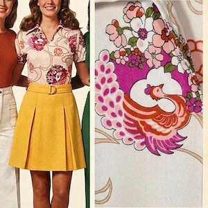May include: A vintage-style outfit featuring a yellow pleated skirt with a matching belt and a collared blouse with a floral pattern in pink and red. The fabric has a retro design with a peacock and flower print.