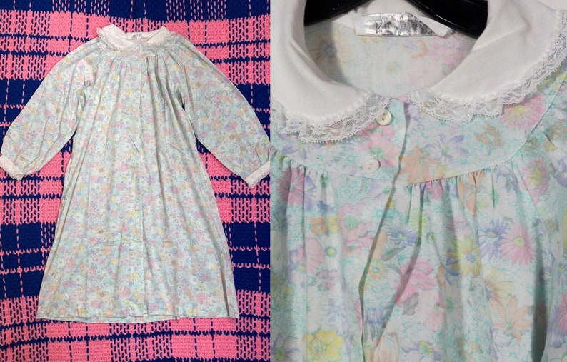 Vintage 80s Pastel Spring Floral Peter Pan Collar Button Front Nightgown Dress Made In USA Size S/M image 1