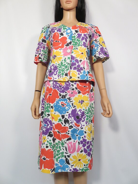 Vintage 80s Bold Floral Cotton 2 Piece Skirt Set … - image 8