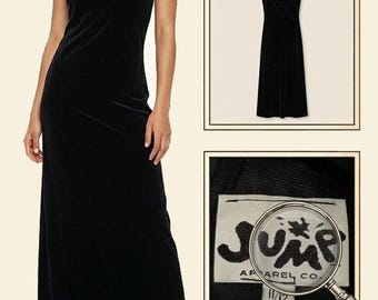 Vestido largo elástico de terciopelo negro vintage de los años 90, fabricado en EE. UU., talla S/M