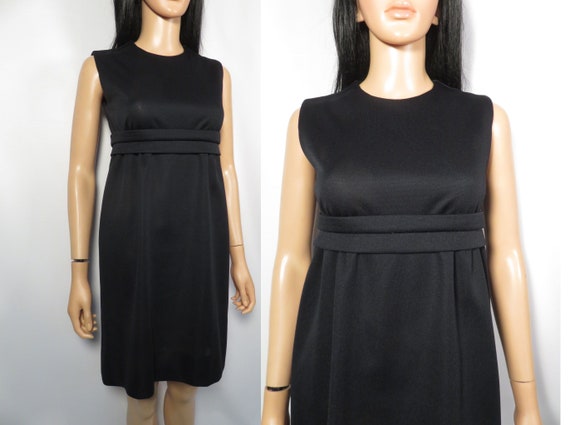 Vintage 60s Mod Empire Waist Belted Little Black … - image 1