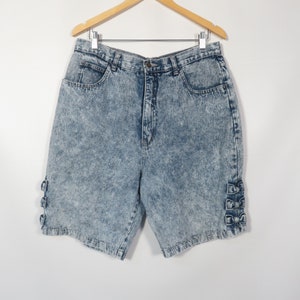 Vintage 80s High Waist Acid Wash Denim Shorts With Bow Detail Size 34 Waist 画像 5