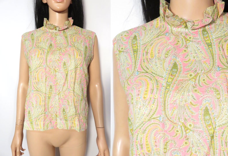 Vintage 60s Neon Paisley Ruffle Frilly Collar Button Back Lightweight Top Size M/L image 1