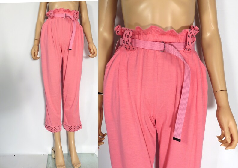 Vintage 80s High Waist Hot Pink Elastic Waist Comfy Belted Loungewear Pants Size M image 1