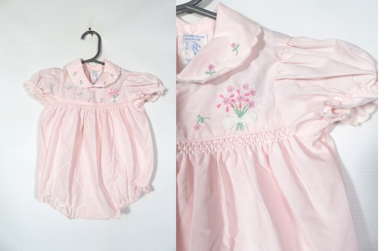 Vintage 80s/90s Kids Pastel Pink Embroidered Spring Flower Onesie Size 3-6M image 1