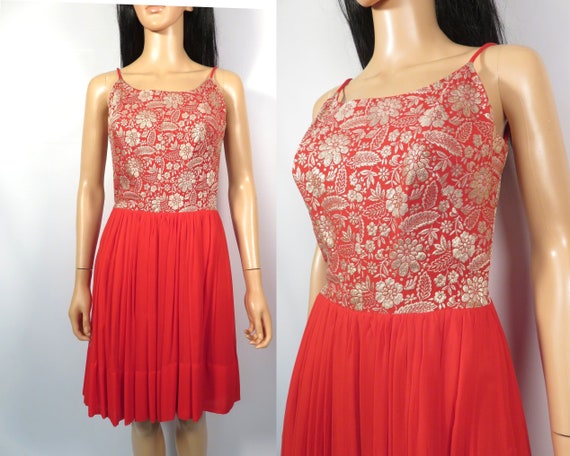 Vintage 60s Red And Gold Brocade Chiffon Skirt Ho… - image 1