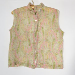 Vintage 60s Neon Paisley Ruffle Frilly Collar Button Back Lightweight Top Size M/L image 4