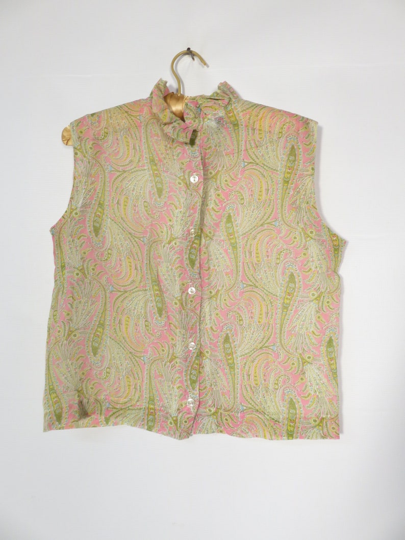 Vintage 60s Neon Paisley Ruffle Frilly Collar Button Back Lightweight Top Size M/L image 4