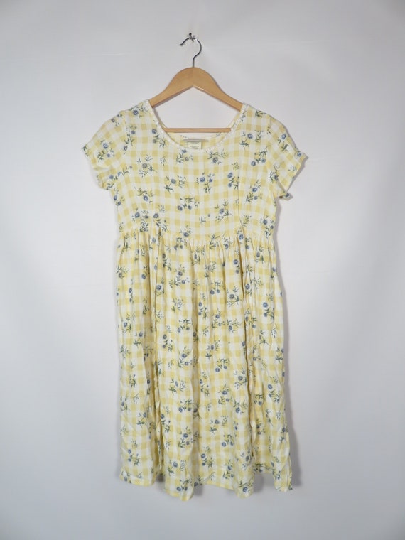 Vintage 90s Gingham Floral Babydoll Dress Size XS… - image 2