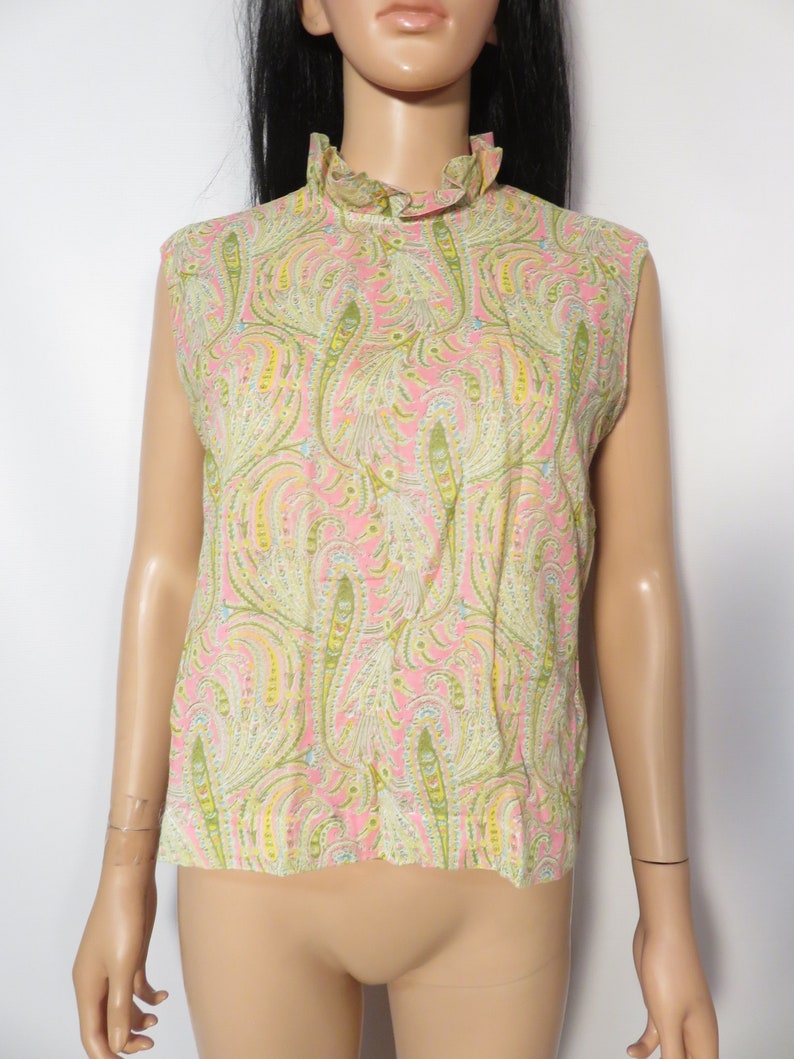 Vintage 60s Neon Paisley Ruffle Frilly Collar Button Back Lightweight Top Size M/L image 7