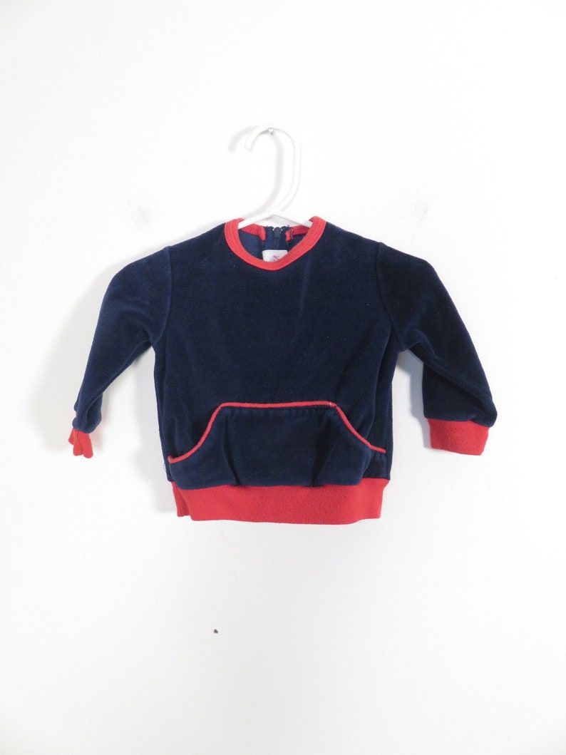 Vintage 60s/70s Baby Navy Blue With Red Accents Velour Top With Kangaroo Pocket Size 3-6M image 1