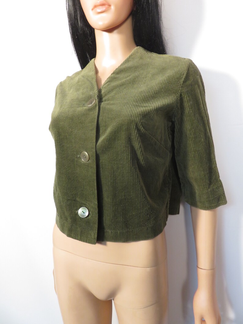 Vintage 60s Olive Green Cropped Corduroy Jacket With Half Sleeves Size M image 8