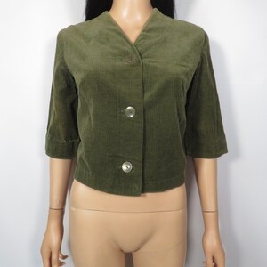 Vintage 60s Olive Green Cropped Corduroy Jacket With Half Sleeves Size M image 6