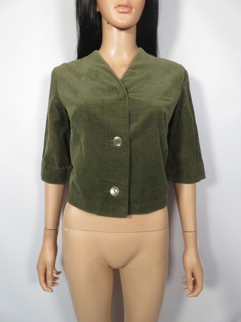 Vintage 60s Olive Green Cropped Corduroy Jacket With Half Sleeves Size M image 6