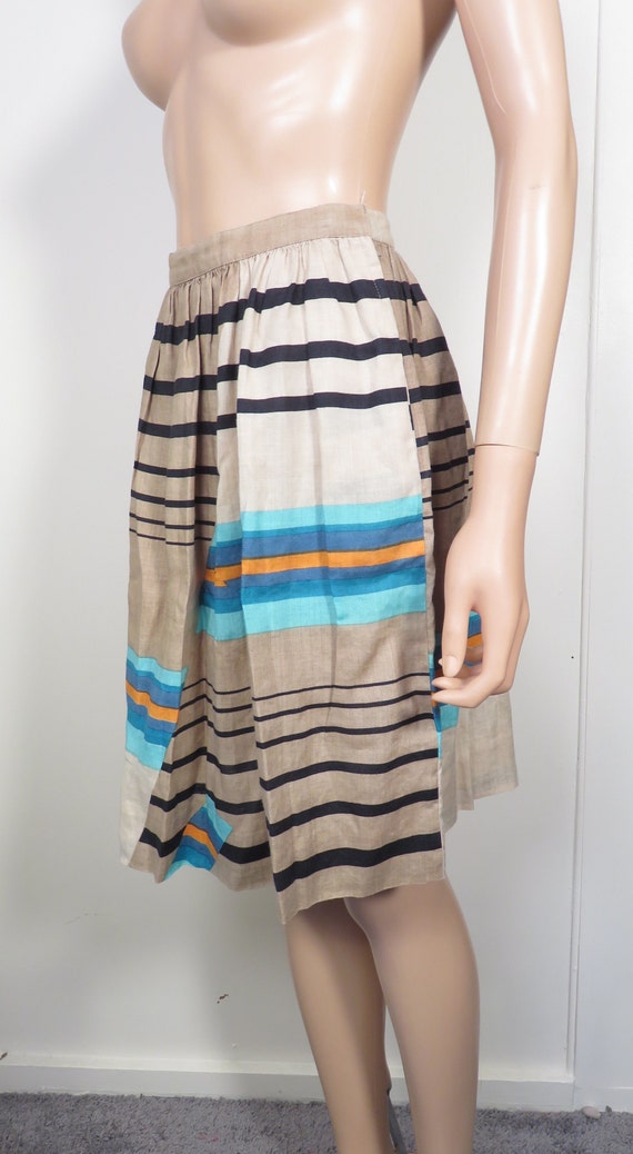 Vintage 80s/90s Linen Stripe Design Midi Skirt Si… - image 3