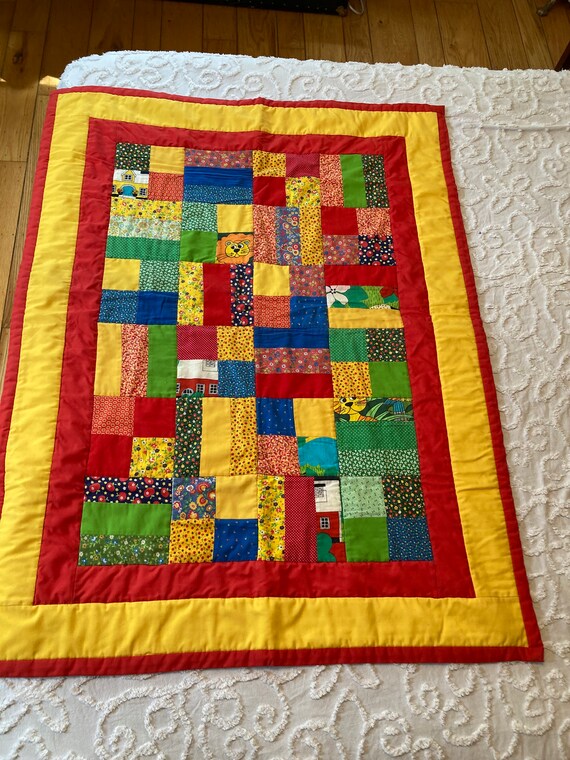 Vintage 70er Jahre Patchwork Quilt Babydecke Krippendecke 47x36 
