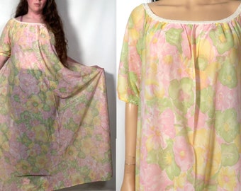 Vintage 70s Super Flowy Watercolor Floral Print Sheer Nightgown Maxi Dress Made In USA Size One Size Fits Most