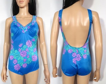 Vintage 80s Rose Print One Piece Bathing Suit Made In USA Size 14 M/L