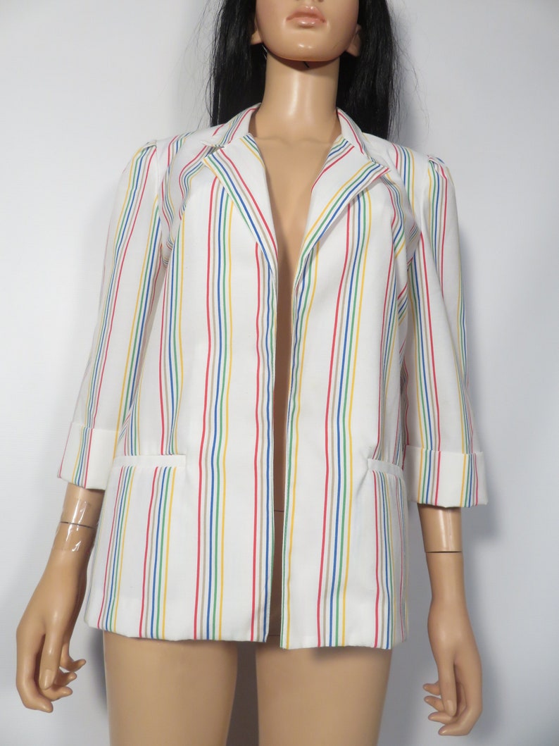 Vintage 80s Rainbow Stripe Lightweight Cotton Blazer Size M/L image 7