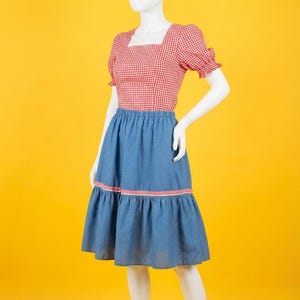 May include: A two-piece outfit consisting of a red and white gingham top with a square neckline and short puff sleeves, paired with a blue knee-length skirt featuring a gathered bottom tier and a thin red and white gingham trim at the waist seam.
