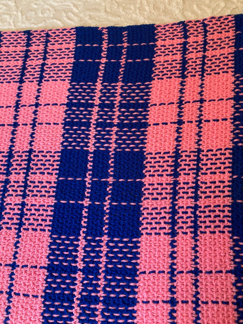 Vintage Pink And Blue Plaid Knit Blanket Throw image 3
