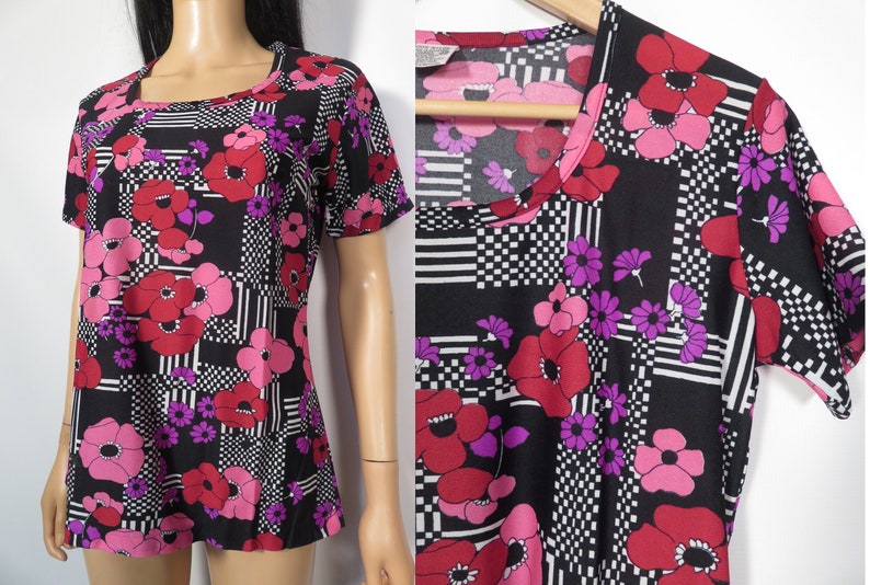 Vintage 60s Flower Power Op Art Poppy Print Nylon Top Size XL image 1