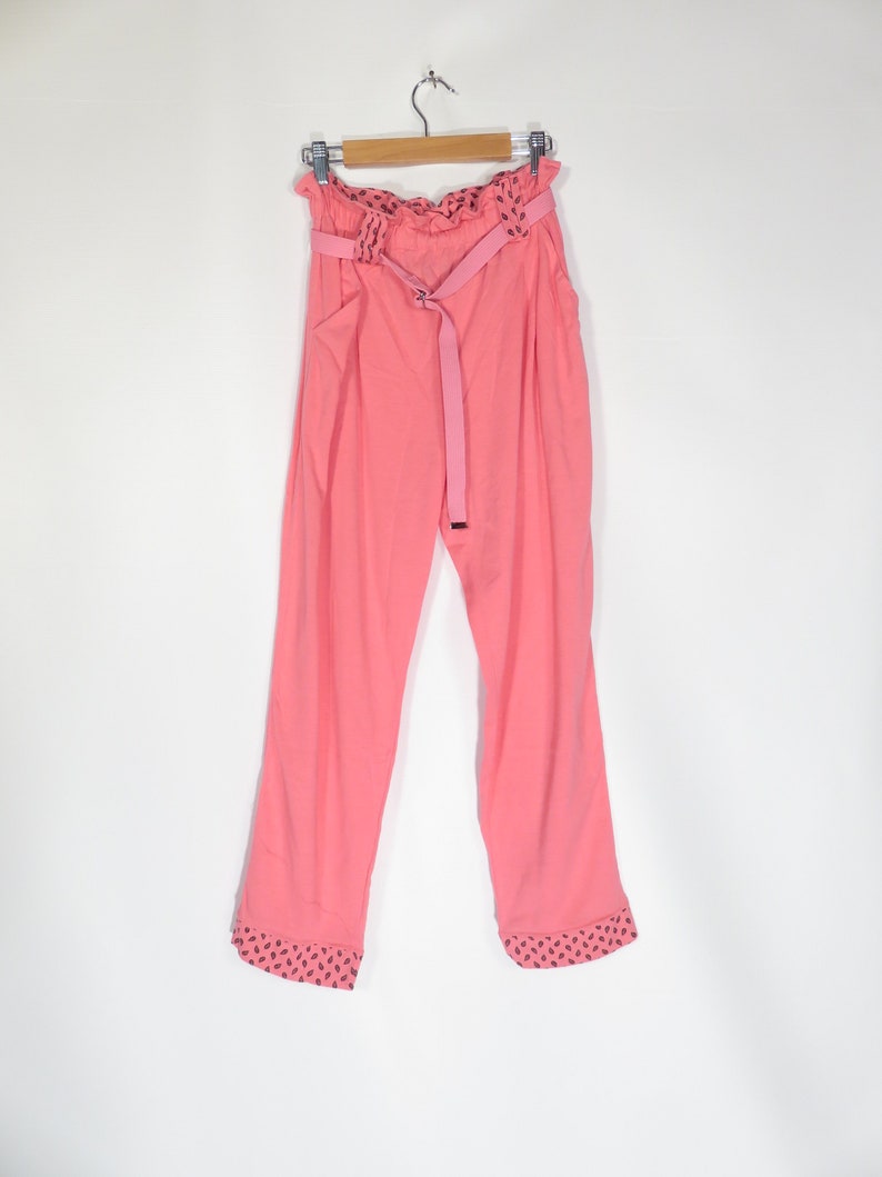 Vintage 80s High Waist Hot Pink Elastic Waist Comfy Belted Loungewear Pants Size M image 2