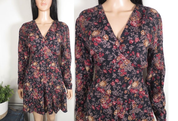 Vintage 90s Floral Long Sleeve Rayon Romper Size M - image 1