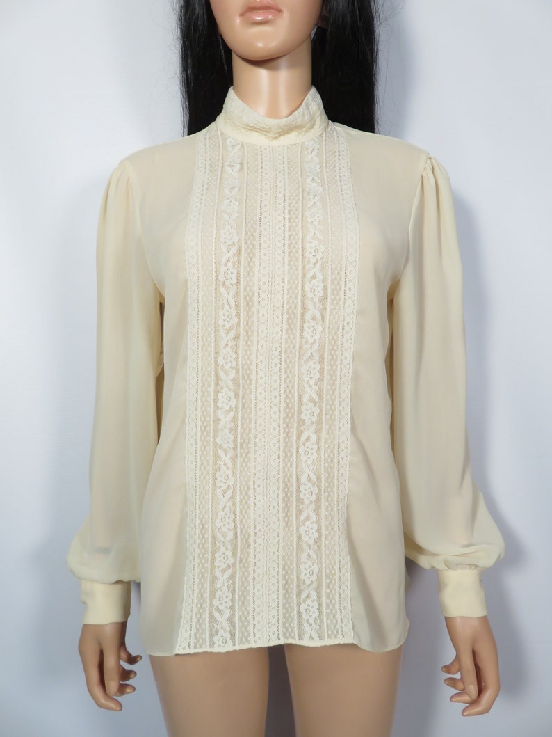 Vintage 70s Designer Pierre Cardin Lightweight Sheer Lace Panel Blouse Size L image 6