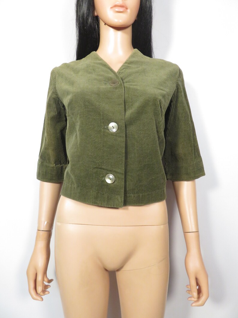 Vintage 60s Olive Green Cropped Corduroy Jacket With Half Sleeves Size M image 9