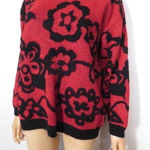 Vintage 80s Red Floral Sparkle Sweater Made In USA Size L image 7